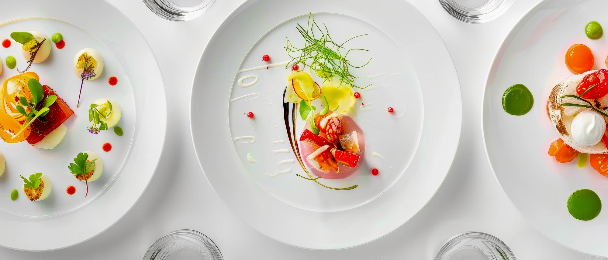 Assorted plated courses on a workshop counter